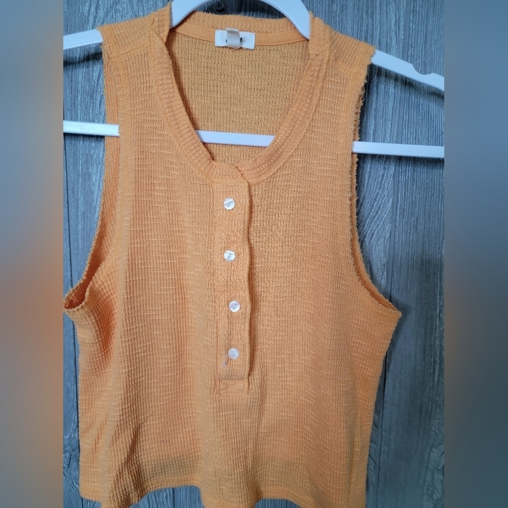 ♡Aerie Orange‎ Waffle Knit Henley Tank Top Cropped Sleeveless Thermal XS